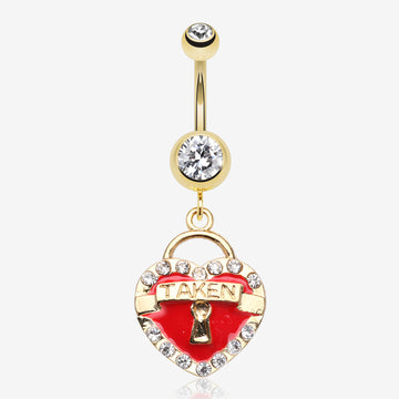 Golden Heart Lock Sparkle Belly Ring-Clear Gem/Red